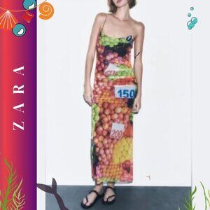 ZARA Ruched Mesh Fruit Stand Strappy Maxi Dress – A Vibrant, Playful Statement